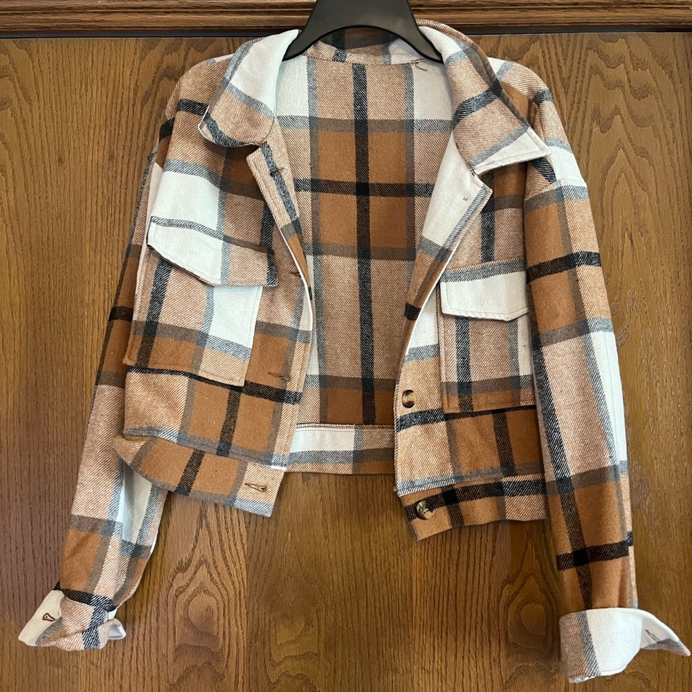 SHEIN Plaid Tan and White Women's shacket